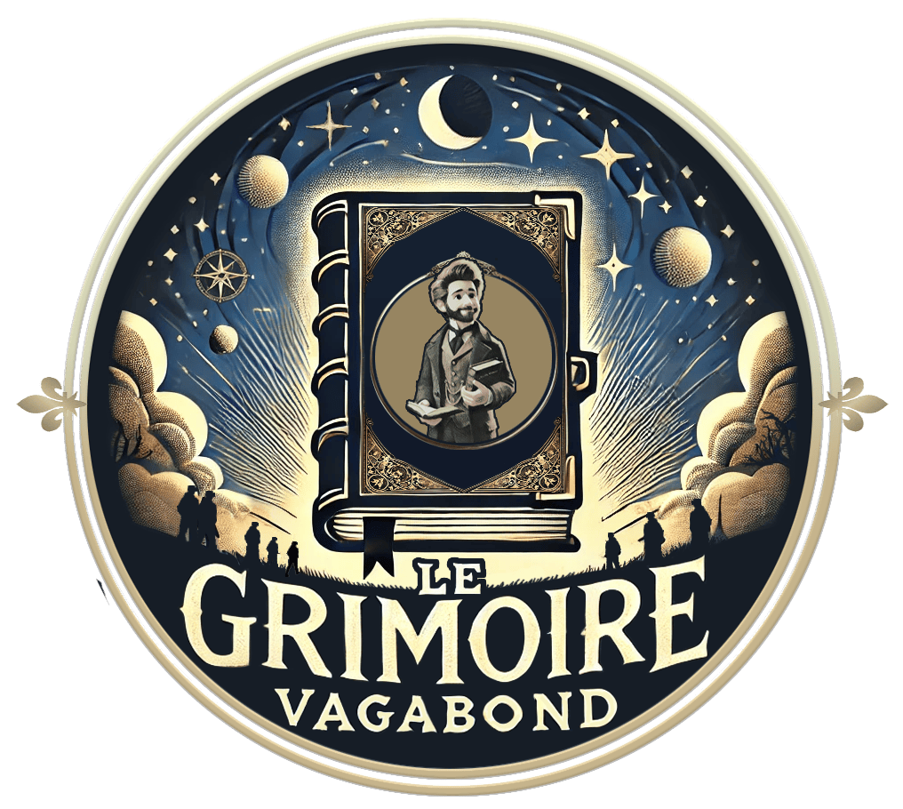 Logo du Grimoire Vagabond avec livre magique et personnage