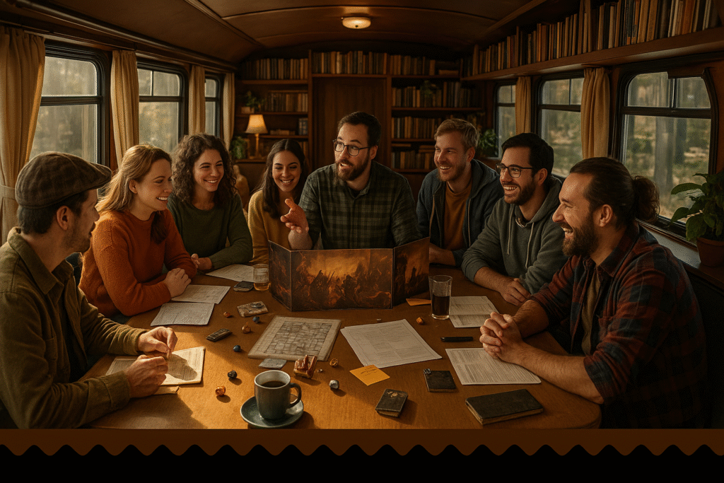 Partie de jeu de rôle dans une ambiance chaleureuse de bibliothèque